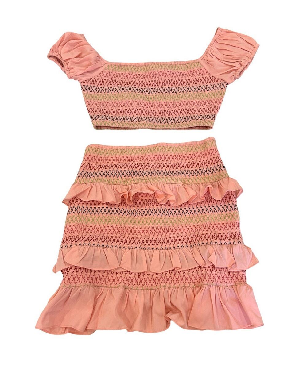 Lovers + Friends Kora Smocked 2 Piece Set Size M Crop Top & Mini Skirt in Pink